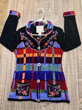 Multicolor Plaid Velvet V-Neck Cardigan Sweater - Embroidered